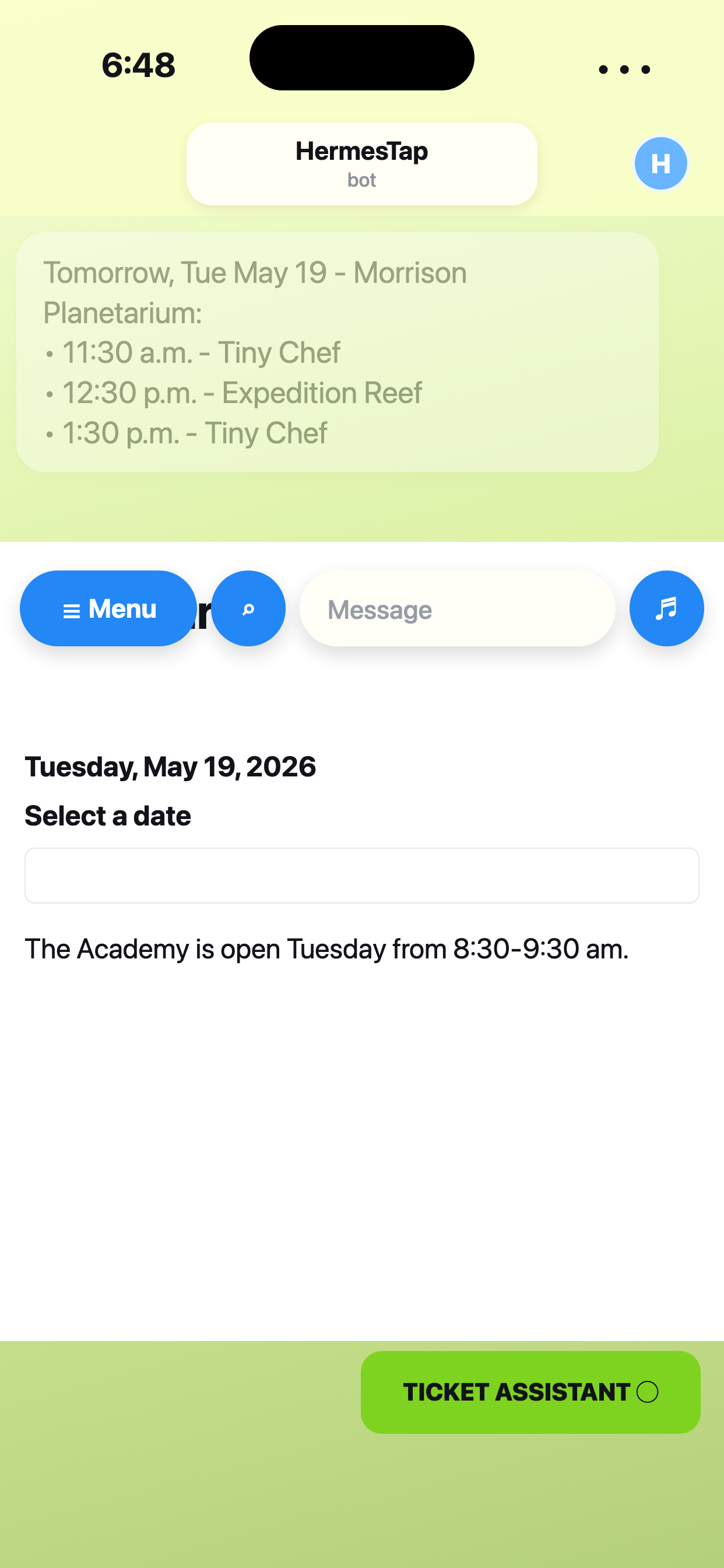 HermesTap using an in-app browser while answering a calendar question.