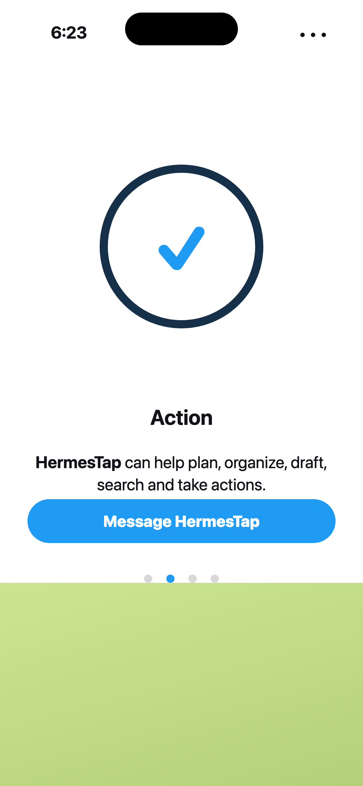 HermesTap onboarding screen explaining that it can plan, organize, draft, search, and take actions.