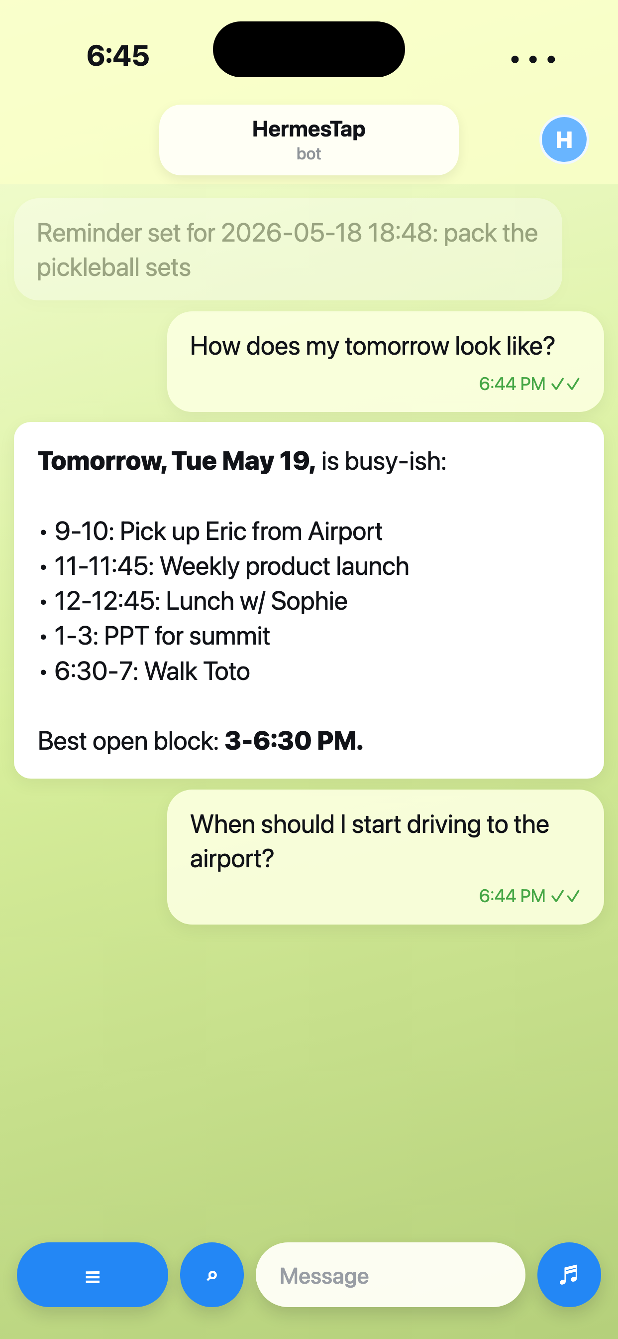 HermesTap summarizing a busy day and recommending when to leave for the airport.