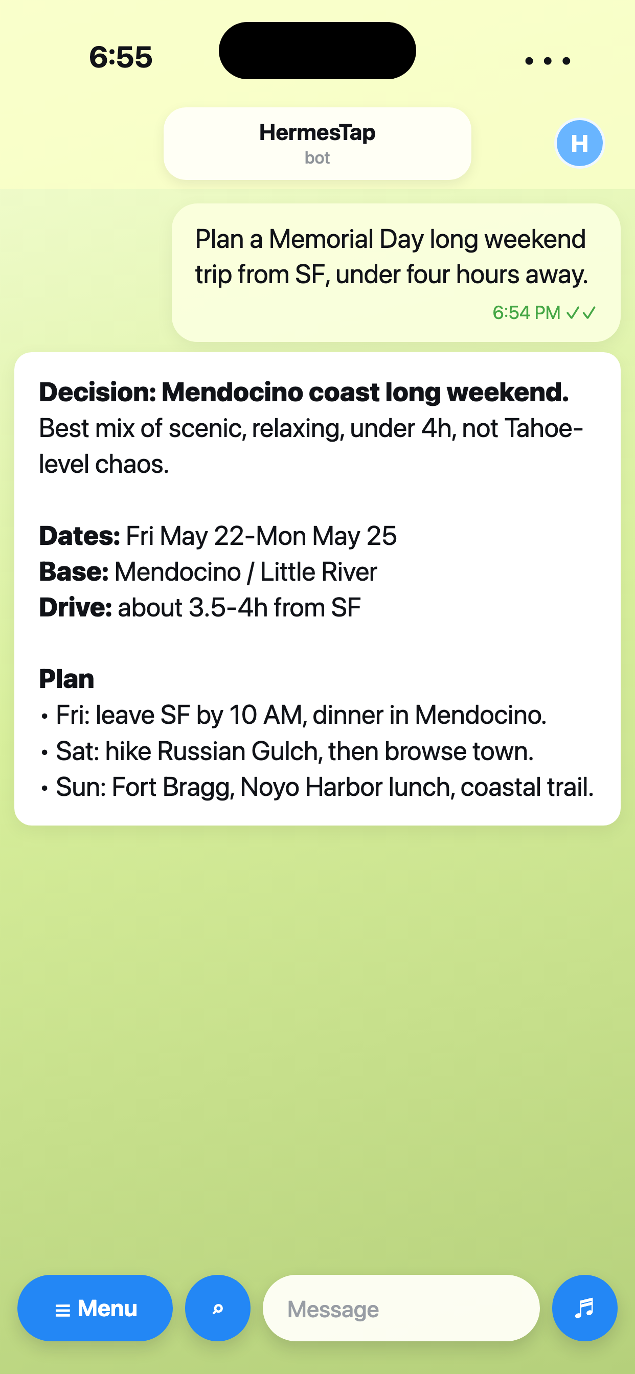 HermesTap planning a Memorial Day long weekend trip and choosing Mendocino.